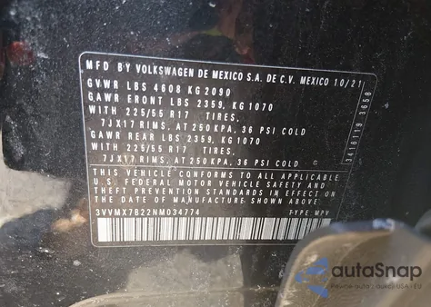 2022 Volkswagen Taos S z USA, uszkodzony, nr VIN 3VVMX7B22NM034774